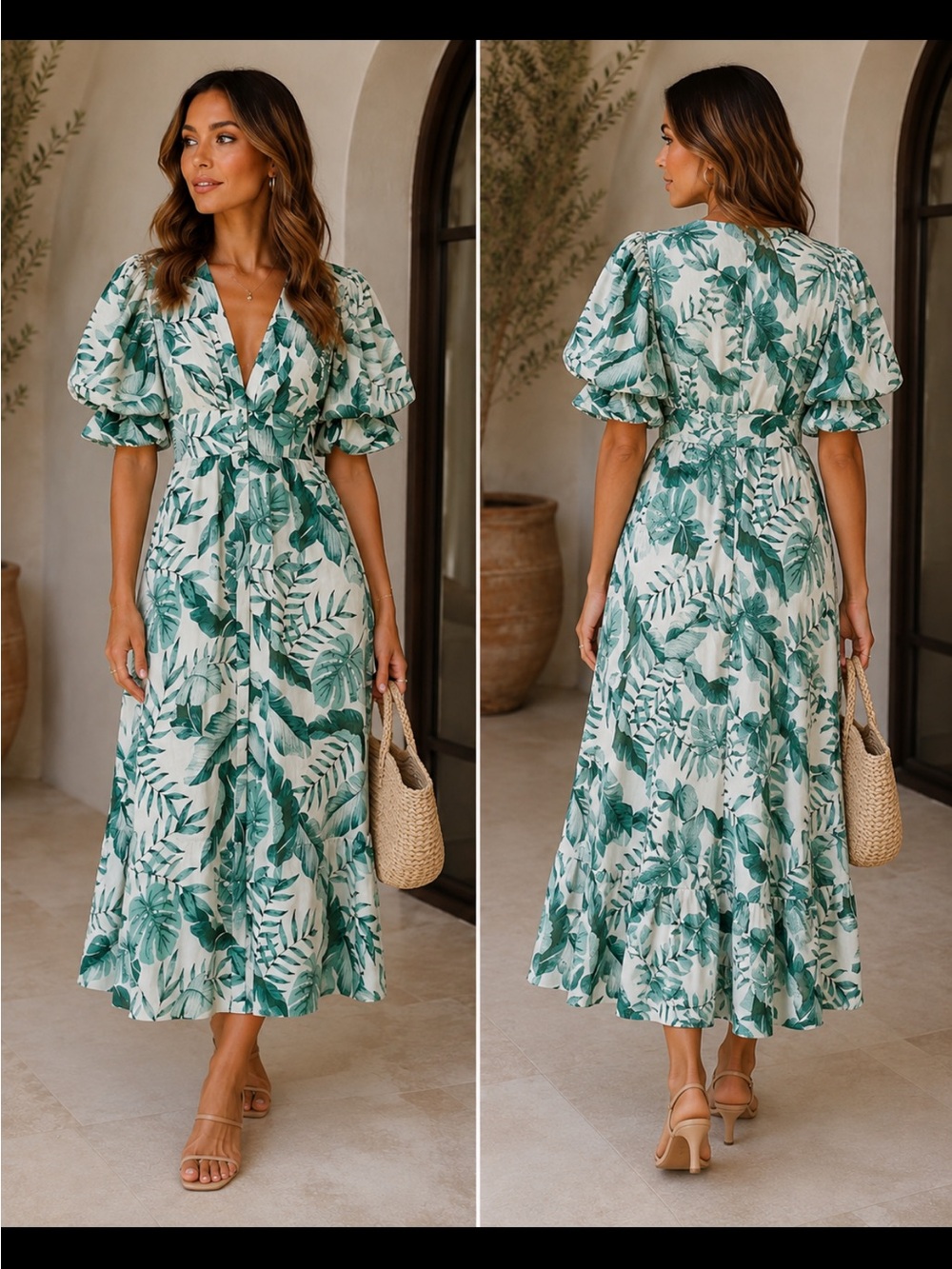 Johanna Ortiz x H&M Palm Leaf Green White Print Linen Dress Size medium